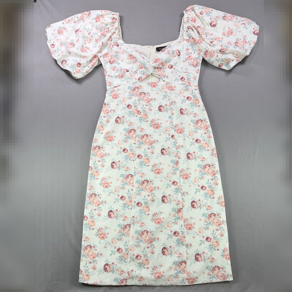 VICI Women Large Ivory Floral Linen Blend Puff Sleeve Twist Front Midi Dress